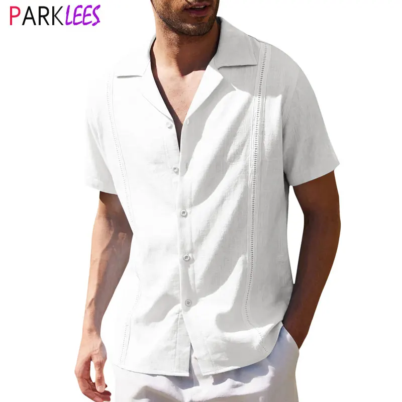 

Мужская льняная рубашка Guayabera, повседневная хлопковая рубашка с коротким рукавом и отложным воротником, пляжные Топы