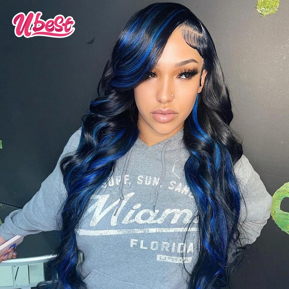 Ubest 30 Inch Blue Splice Color Body Wave Lace Front Human Hair Wigs For Black Women Lace Frontal Wig 30 Inch 13x4 Closure Wig