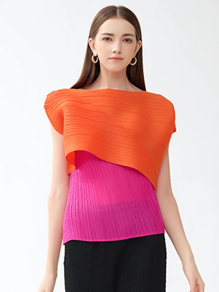 

MIYAKE Style Colored Irregular Versatile Top Spring and Autumn One line Collar Sleeveless Casual Personalized T-shirt [6198]