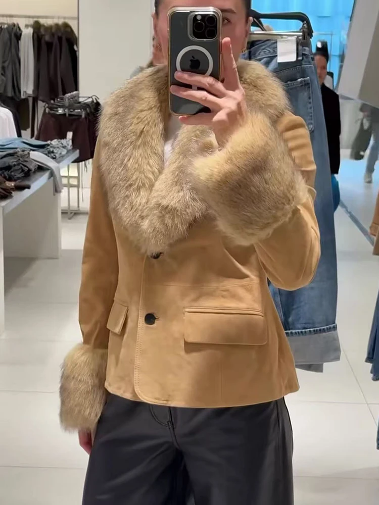 Women Autumn Winter Warm Faux Fur Patchwork Jacket Long Sleeve Button Pocket Female Fashion Coat Casual Lady Outwear