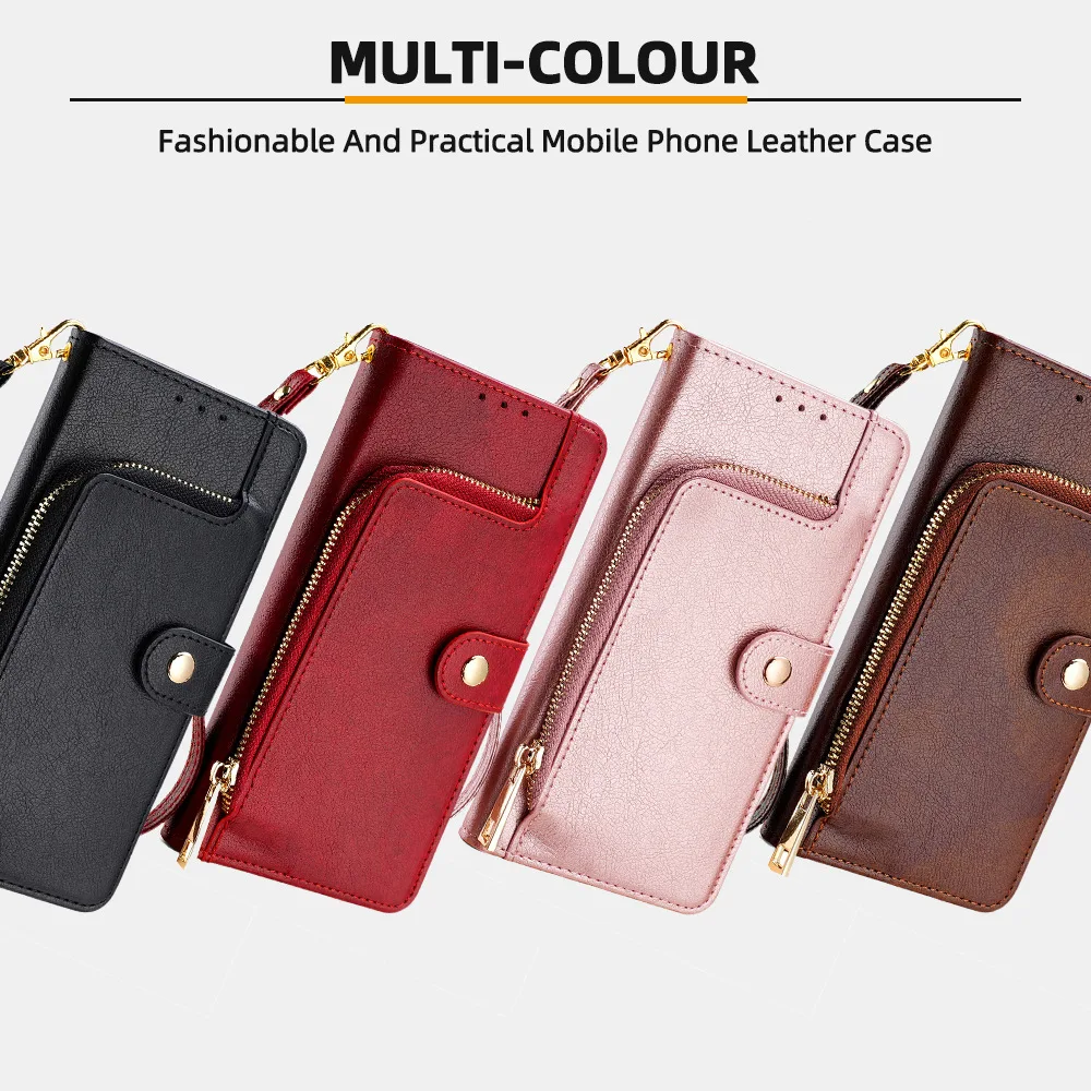 Elegant Leather Zipper Wallet Phone Case with Card Holder & Wrist Strap