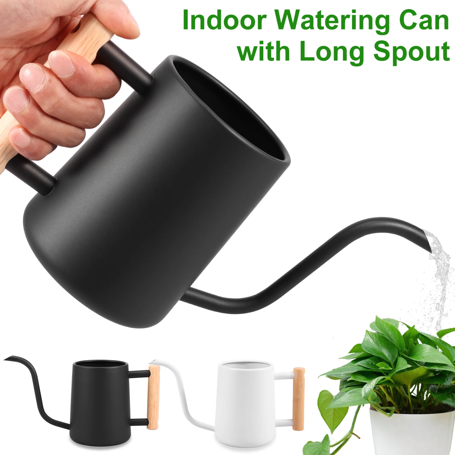 Elegant and stylish stainless steel 1L watering can with long spout and ergonomic wooden handle, perfect for precise watering of
