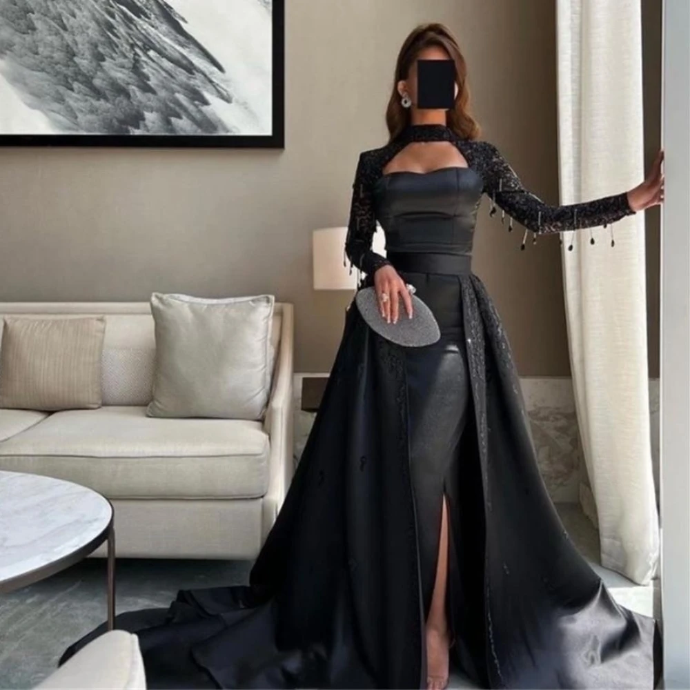 

with Slit Exquisite High Collar Ball Gown Celebrity Dress Court Long Sleeve Tassel Taffeta Formal Evening Gowns