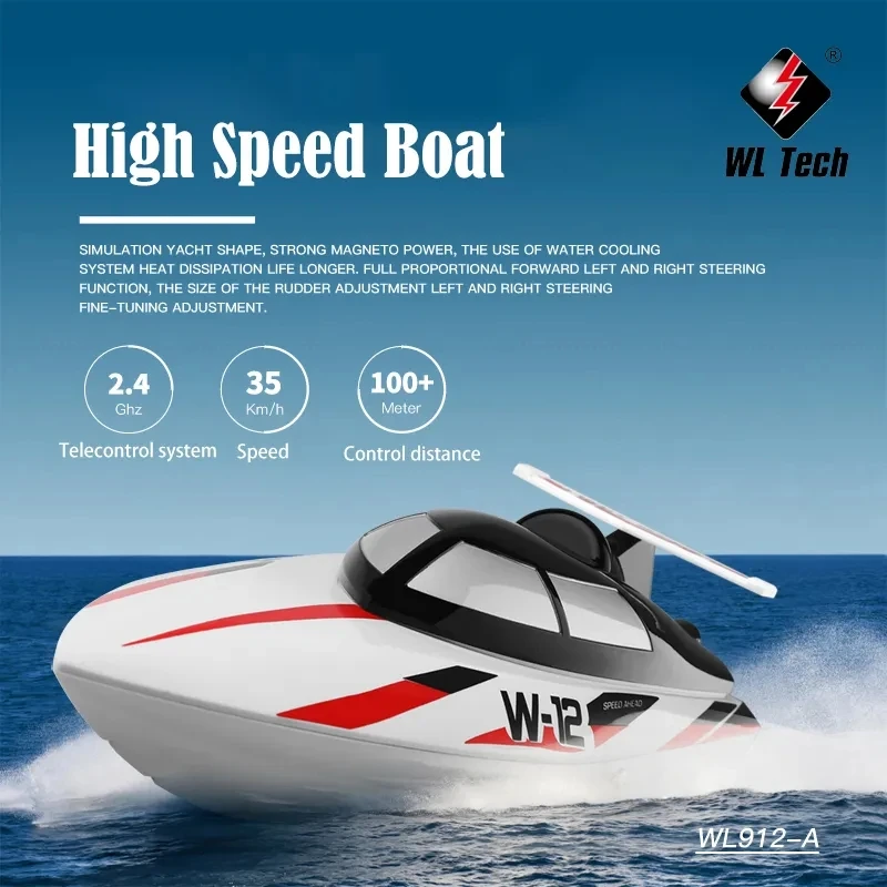 Bateau RC rapide 46cm ABS WL912-A soulevant des embruns, jouet télécommandé haute vitesse en action