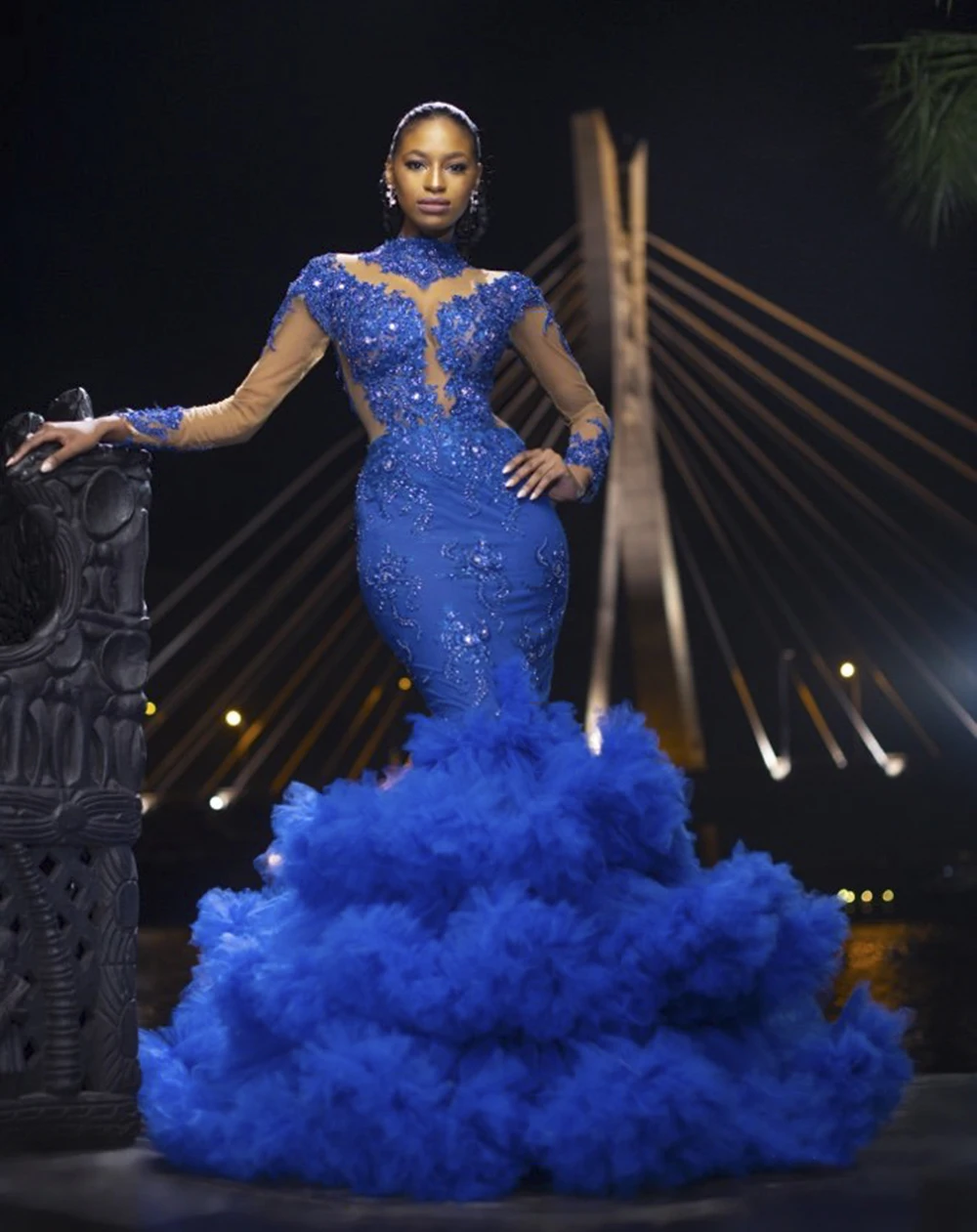 

Stunning African Mermaid Formal Evening Dresses Long Beaded Sheer Tiered Tulle Robe de Soiree Appliques Bodycon Wedding Gowns