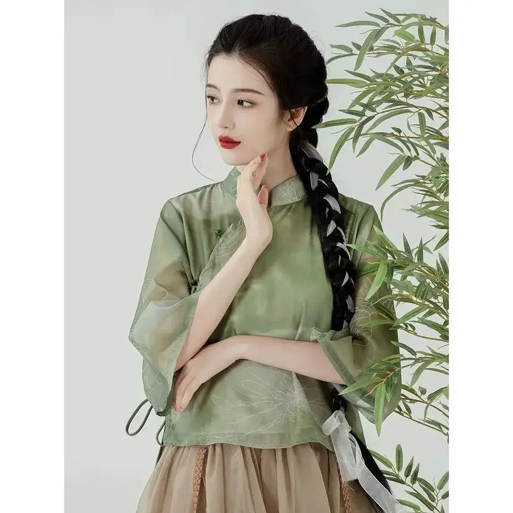 

Summer Green Chinese Style Tea Art Division Hanfu Han Elements Zen Republic of China Retro Improved Cheongsam Top Tang Suit Set