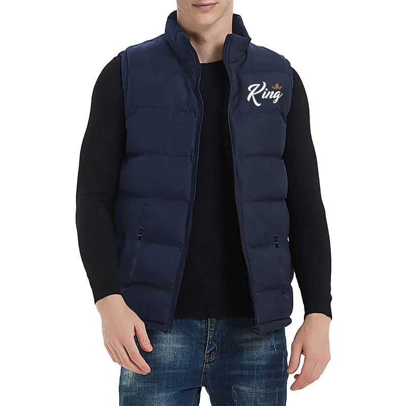 Tuveke Autumn and Winter Latest KING QUEEN Print Couple Sleeveless Couple Zipper Down Jacket Vest Solid Color Inflatable Vest