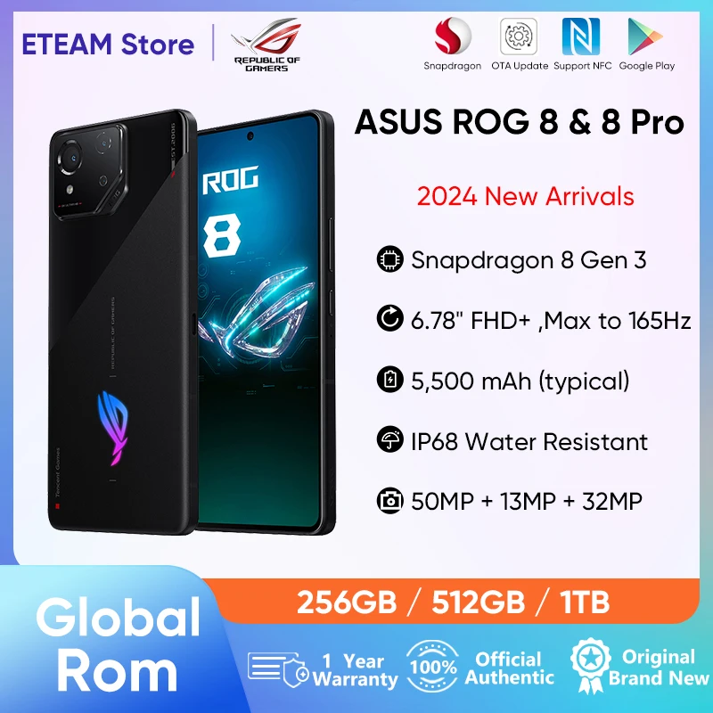 ASUS ROG 8 & 8 pro 5G Gaming Phone Global Rom Snapdragon 8 Gen 3 6.78'' 165Hz AMOLED Screen 5500mAh 65W Fast Charge