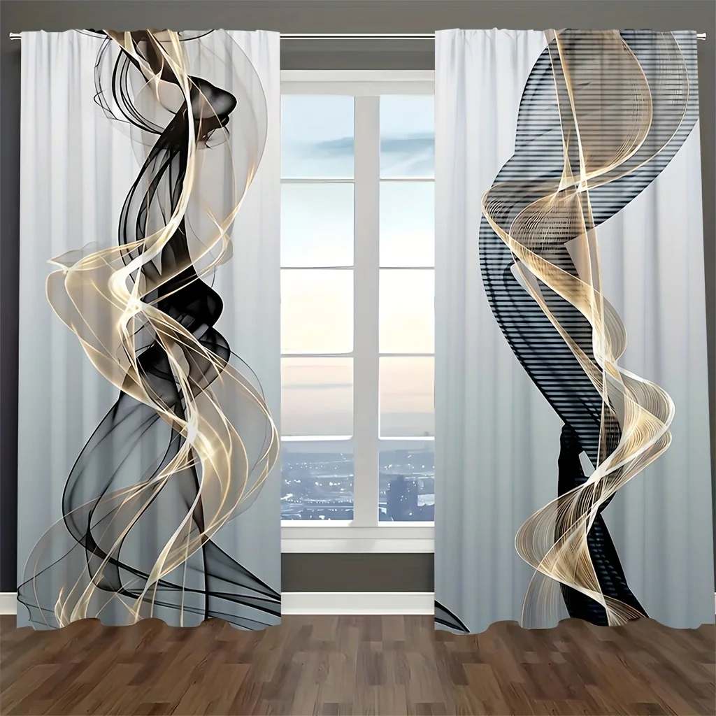 

2pcs, Abstract Artistic Lines Printed Curtain - Privacy, Blackout, Waterproof for Living Room, Bedroom, Bathroom, Kitchen Decora