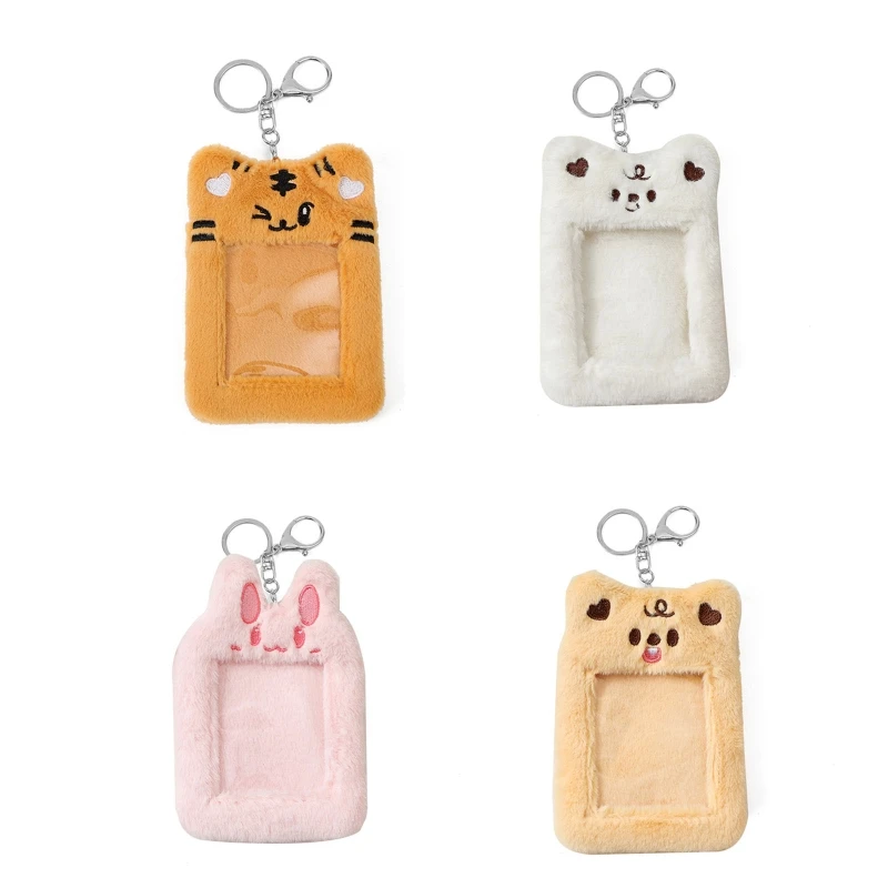 

63HC Cute Plush Photocard Holder Keychain Kpop Idol Clear Photo Sleeve Keychains Bus Cards Case Winter Warm ID Card Cover