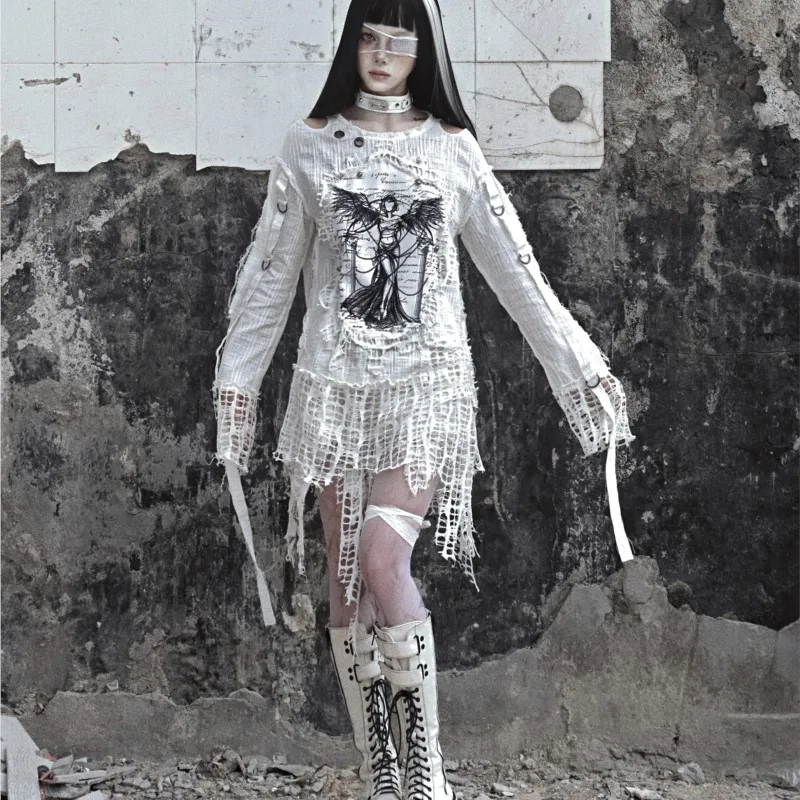 Three-Dimensional Pure Cotton Punk Tight Clothes Printed Sweater Spring