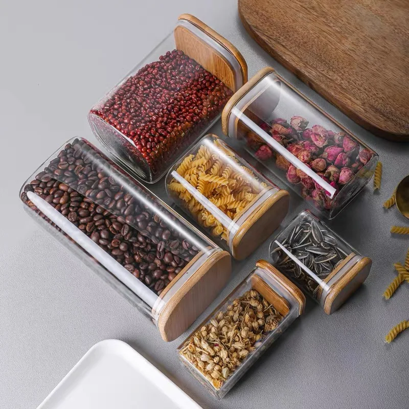 1X Square Glass Jars with Bamboo Lids Glass Airtight Kitchen Canisters Set Food Storage Container Pantry Spice Flour Storage Jar 5