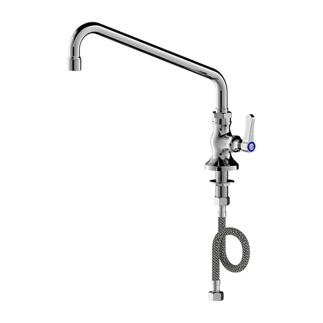 ก๊อกน้ําติดดาดฟ้าอุณหภูมิเดียวเชิงพาณิชย์พร้อมหัวฉีดสวิงและคอห่านหมุนสําหรับอ่างล้างจาน - โครงสร้างทองเหลืองทนทาน 1