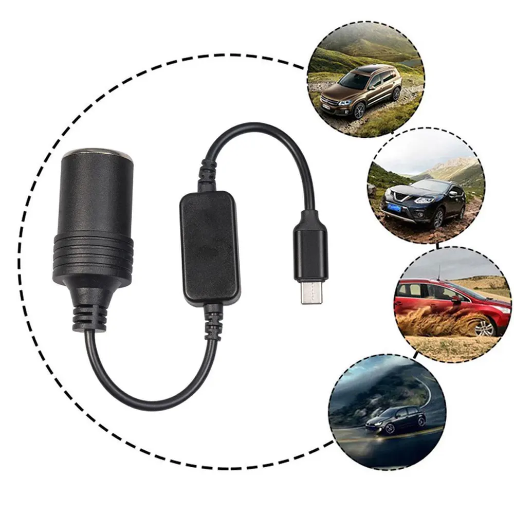 

USB PD Type C Male 12V Car Cigarette Lighter Socket Female Step Up Cable for Driving Recorder GPS E-Dog Car Fan Interior Parts