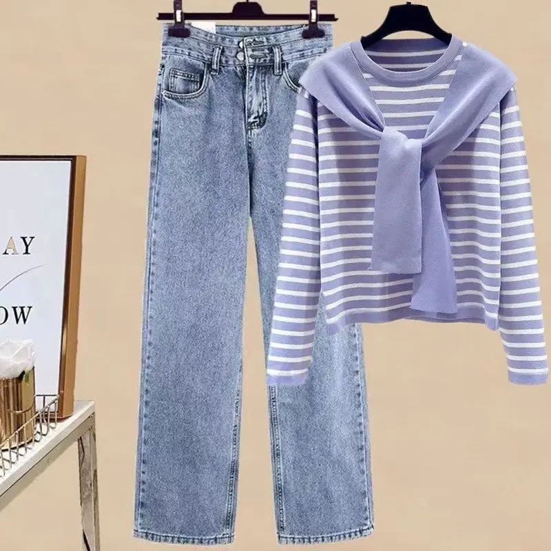 Set 2023 New Spring and Autumn Academy Style Knitwear Women+High Waist Reduced Age Jeans Women's Two Piece Set
