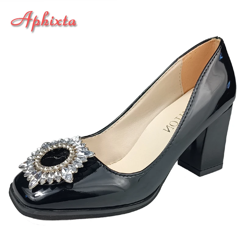 Aphixta 2022 Luxury Sun Crystals Buckle 2.75 Pollici Chunky Heels Pumps Scarpe Da Donna Wine Square Toe Pelle Verniciata Plus Szie 46