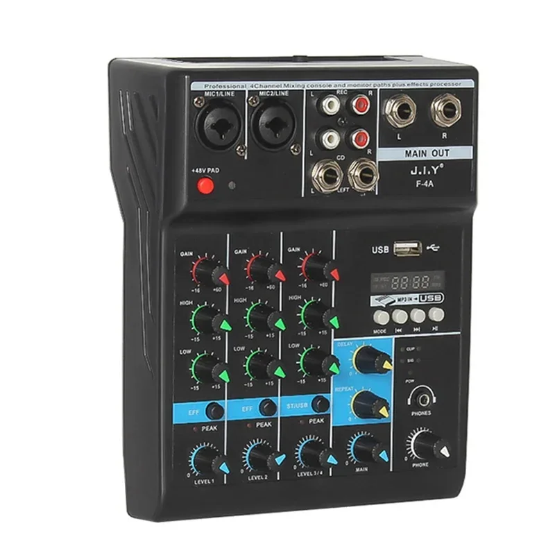 블루투스 USB 레코드 컴퓨터 재생 A4 사운드 믹싱 콘솔, 팬텀 파워 딜레이, 반복 효과, 4 채널 DJ 오디오 믹서, 48V