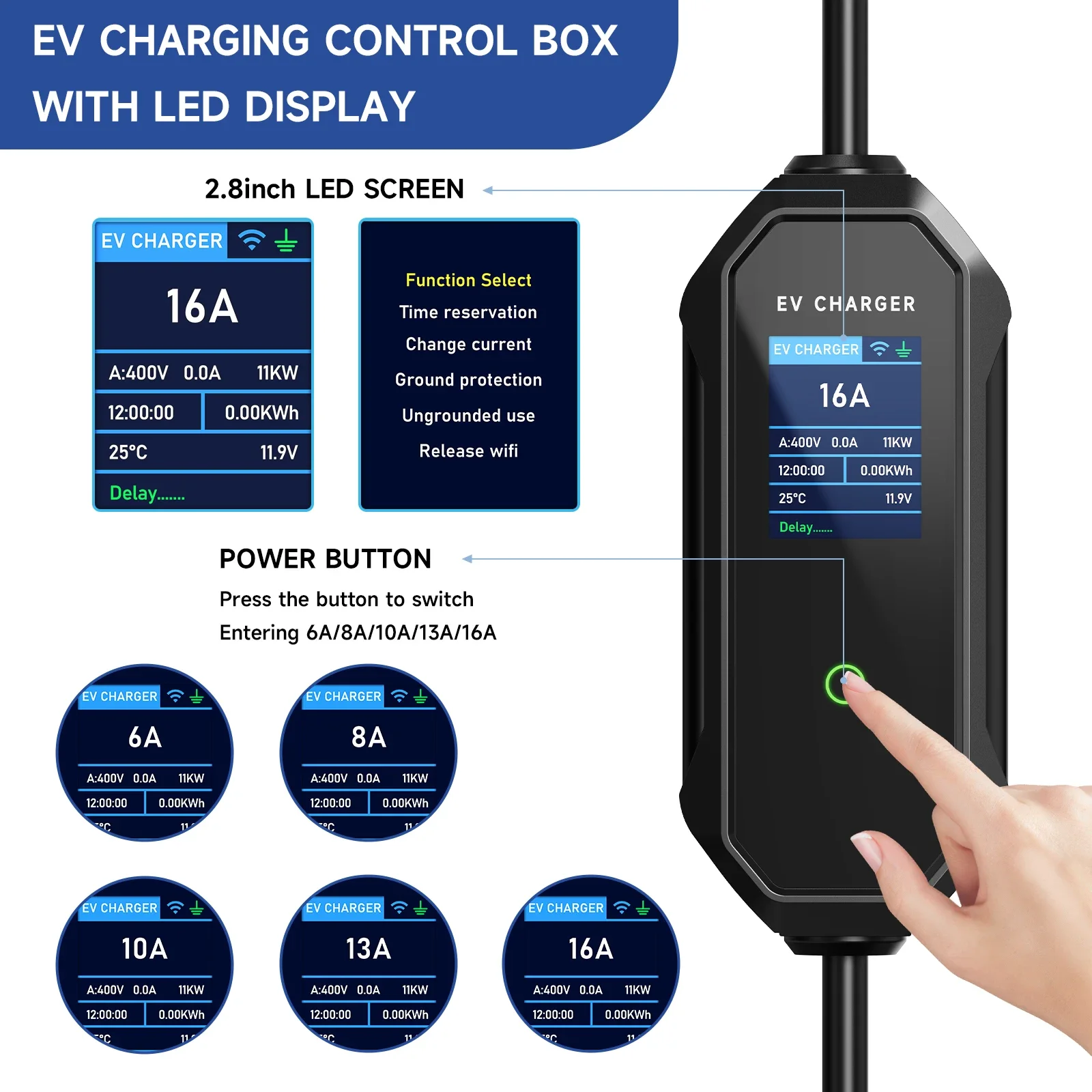 Przenośna ładowarka EV 11KW 16A 3-fazowa Typ 2 IEC62196-2 EVSE Szybkie ładowanie Wallbox Wtyczka CEE Aplikacja WIFI Sterowanie bezprzewodowe Bluetooth