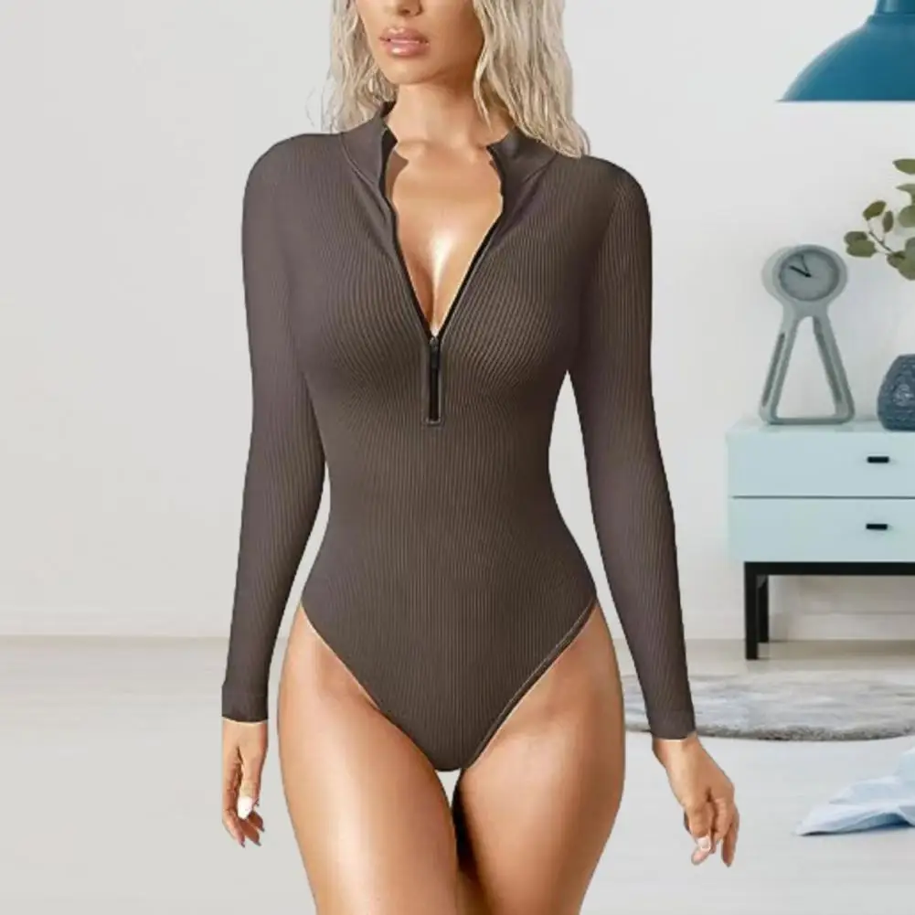

Women Bodysuit Elegant Women's Stand Collar Bodysuit with Zipper Long Sleeve Knitted Playsuit for Spring Fall Breathable Soft
