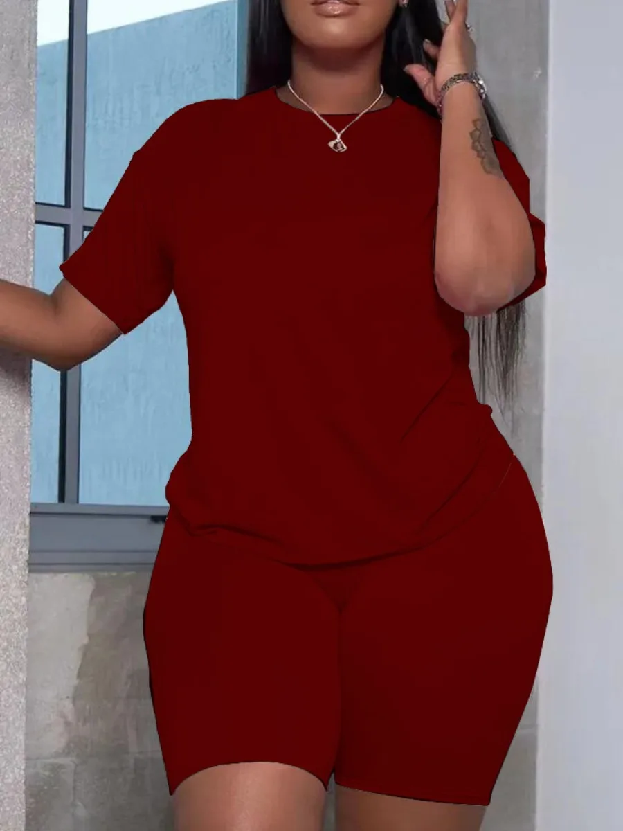 Basic Plus Size Summer Women’s Suit Short Sleeve Top and Pants Casual Solid Color Sportswear Slim Two-piece Outfit