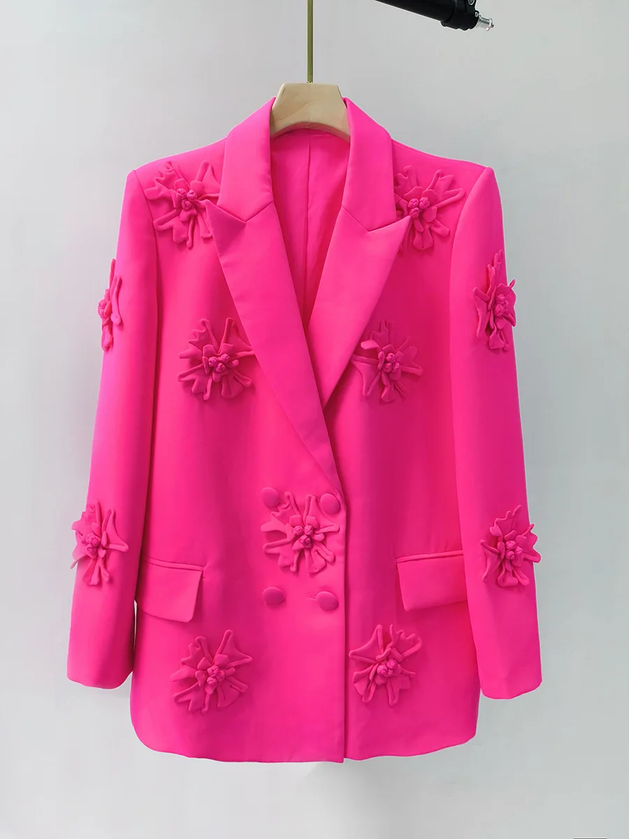 Rose Red Suits Set for Women Fashion Jacket Flower Design Flared Pants 2 Piece Pantsuits Coat + tROUSERS