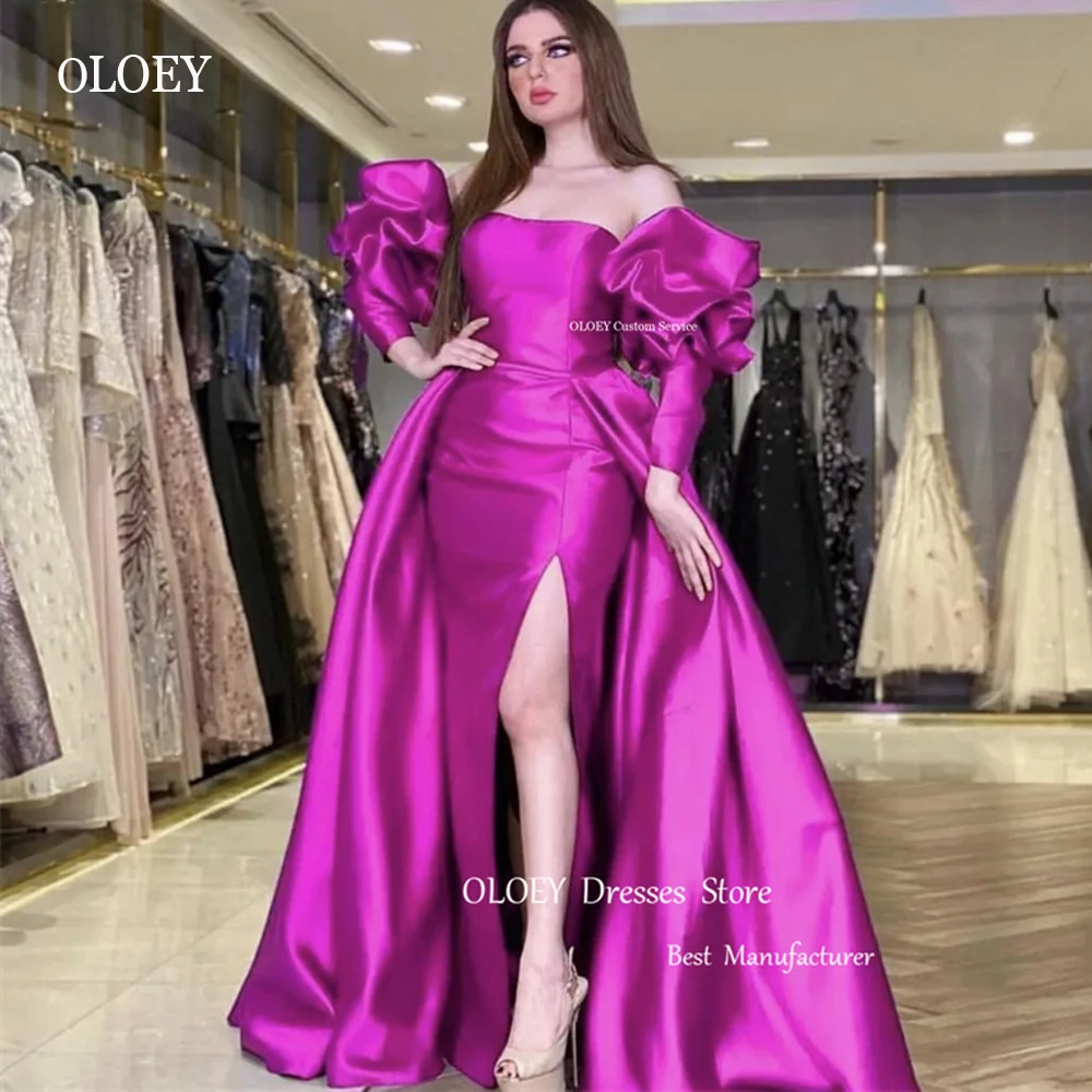 

OLOEY Fuschia Satin Mermaid Evening Dresses With Detachable Train Puff Long Sleeves Square Neck Split Prom Gowns Formal Party