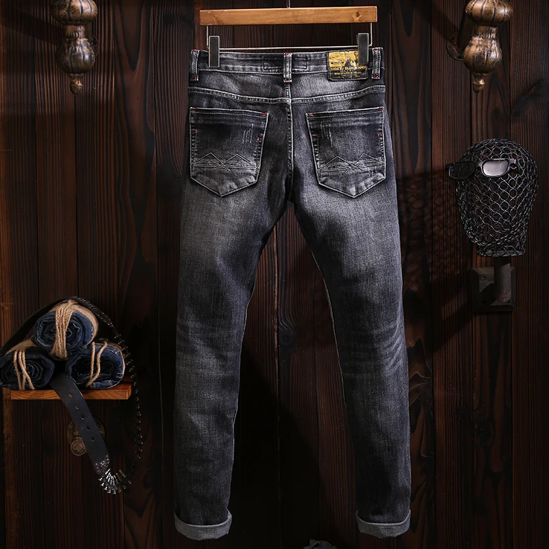 Fashion Designer Men Jeans Retro Black Gray Elastic Slim Ripped Jeans Men Trousers Italian Vintage Designer Denim Pants Hombre