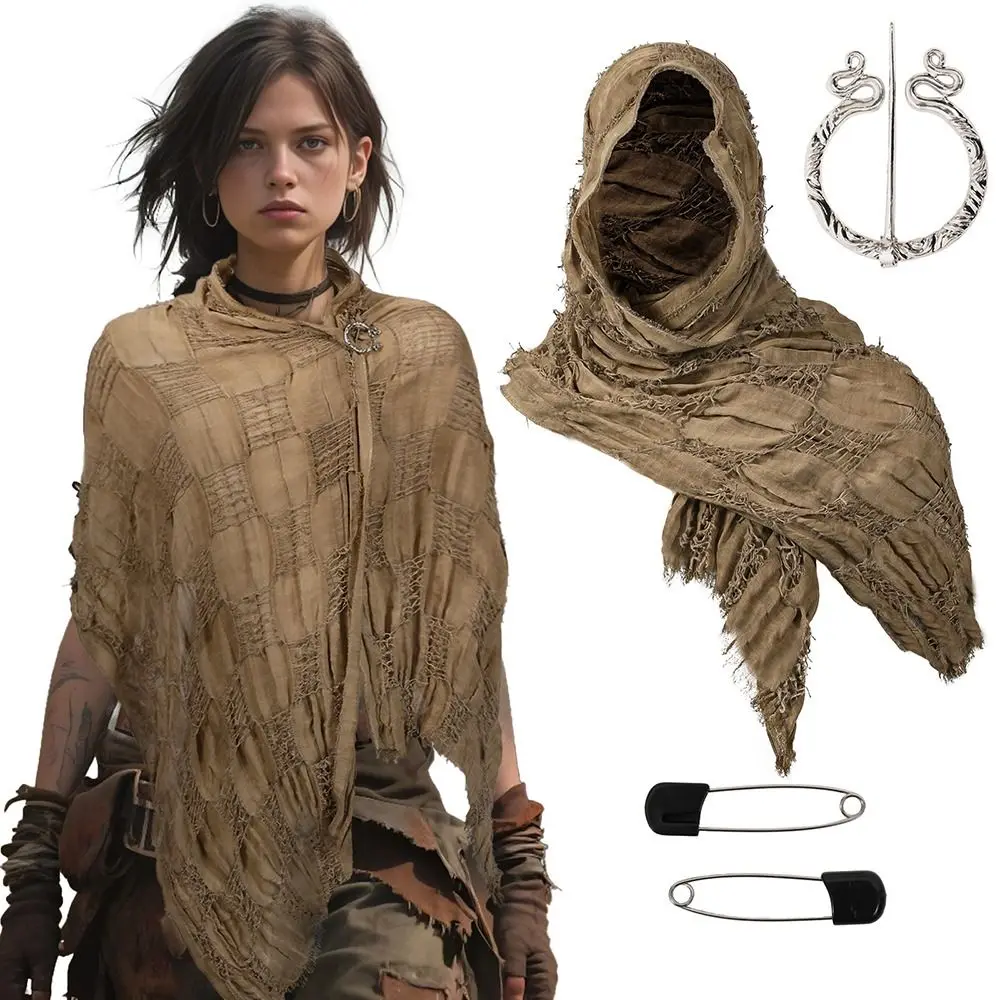 Medieval Style Cloak Cape Scarf with Viking Brooch