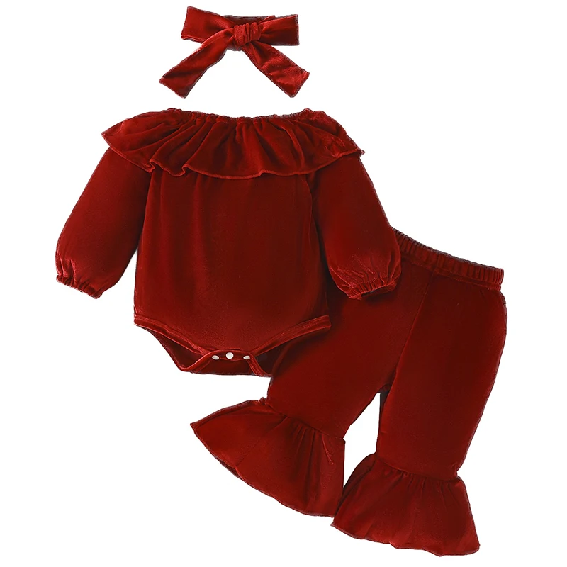 3Piece Fall Christmas Newborn Girls Clothes Fashion Cute Red Long Sleeve Baby Bodysuit+Pants+Headband Kids Clothing Sets BC744
