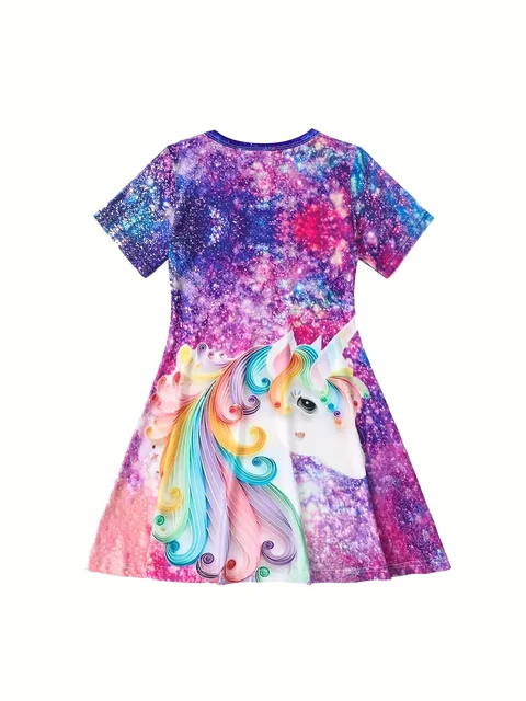 Girls Starry Unicorn Digital Print Round Neck Short Sleeve Party Casual Dress 2
