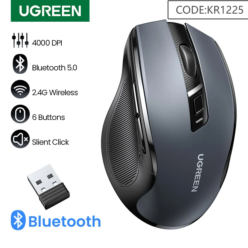 UGREEN Wireless Mouse Bluetooth5.0 Mouse Ergonomic 4000DPI 6 Mute Buttons Mouse For MacBook Tablet Laptops Computer PC 2.4G Mice 1