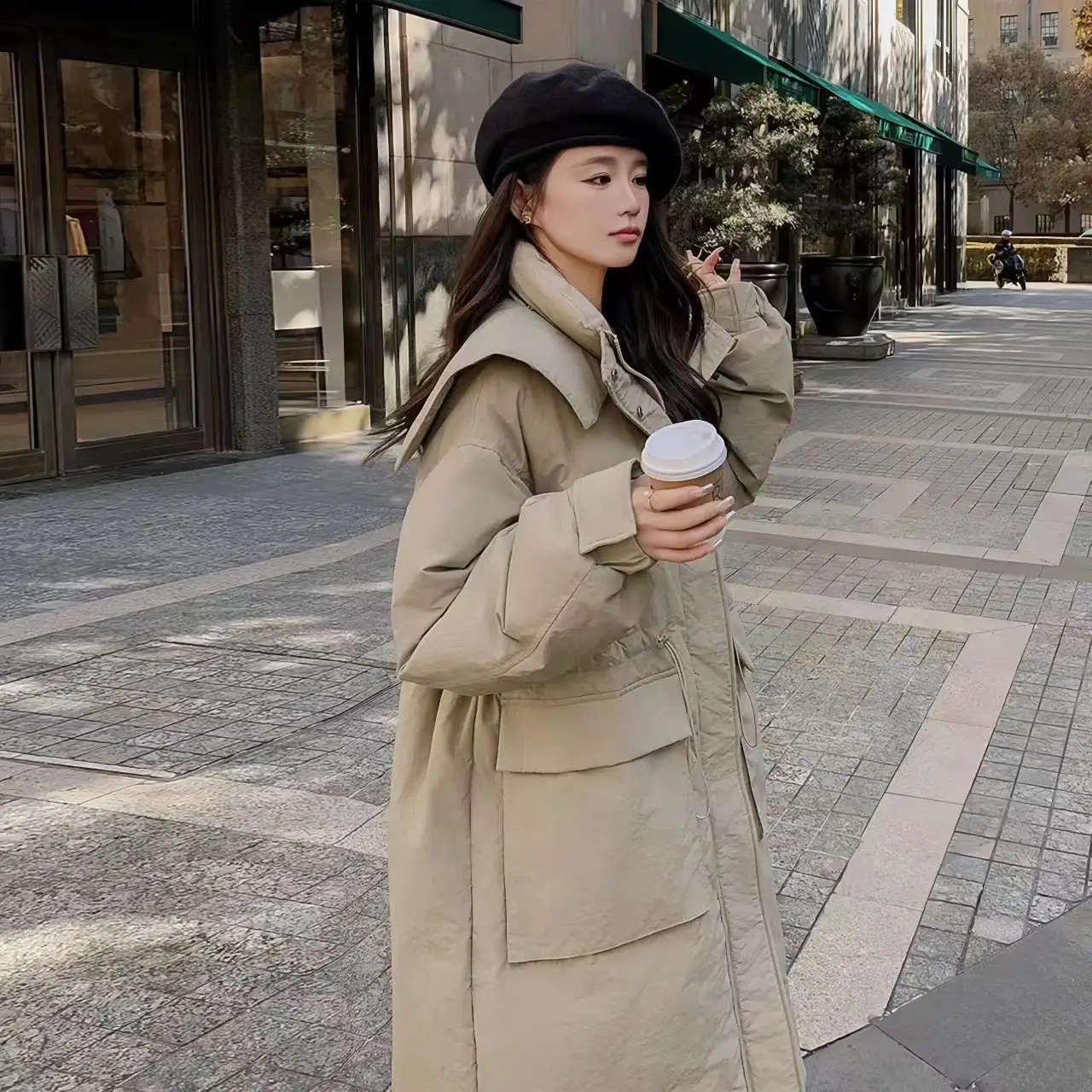 Sailor Collar for Women's Duck Down Jackets,Adjustable Waist Long Coats,England Style,Zipper ,Female Clothing Winter,New,2023