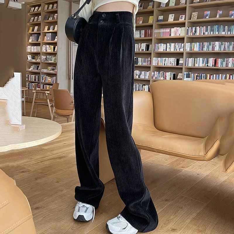 

Rimocy Corduroy High Waist Straight Pants Women Korean Double Button Wide Leg Trousers Woman Loose Stacked Casual Pants Ladies