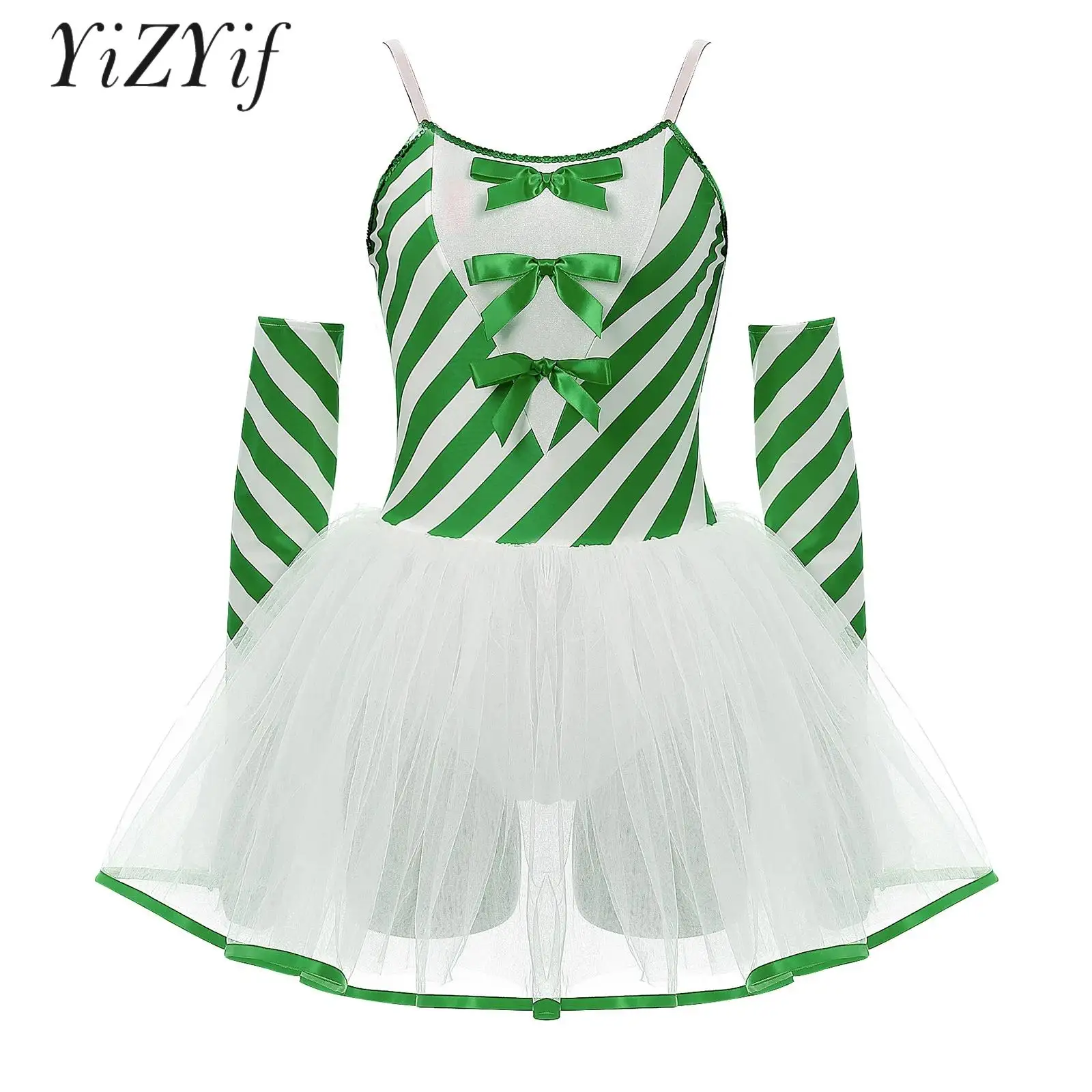 

Women Christmas Candy Cane Ballet Tutu Dress with Gloves Spaghetti Straps Bow Striped Tulle Party Dress Xmas Performance Costume