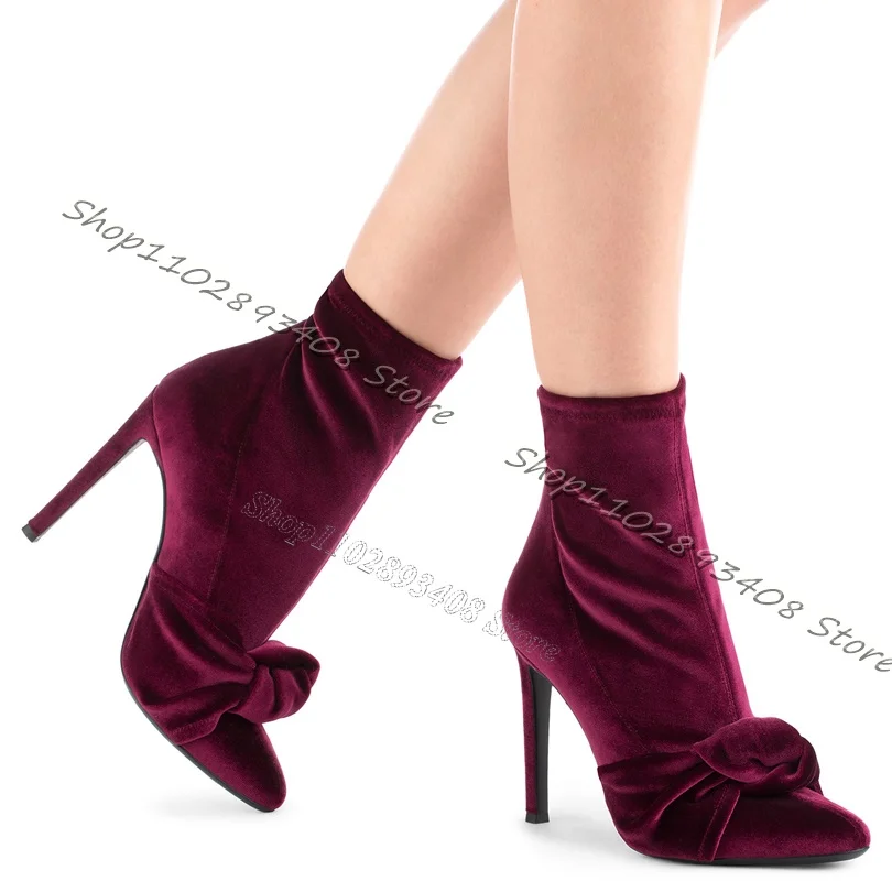 

Crimson Flock Ankle Boots Women Autumn Pointed Toe Slip on Stiletto High Heels Boots Ladies Party Shoes 2023 Zapatillas Mujer