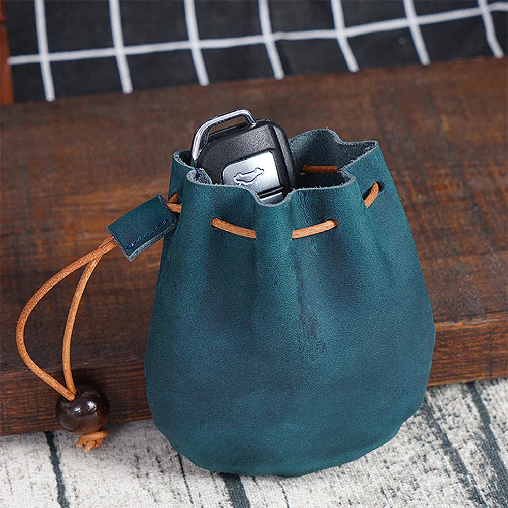 Moterm Original Handmade Genuine Leather Unisex Coin Purse Cow Leather Coins Money Pocket Retro Wallet Drawstring Storage Bag