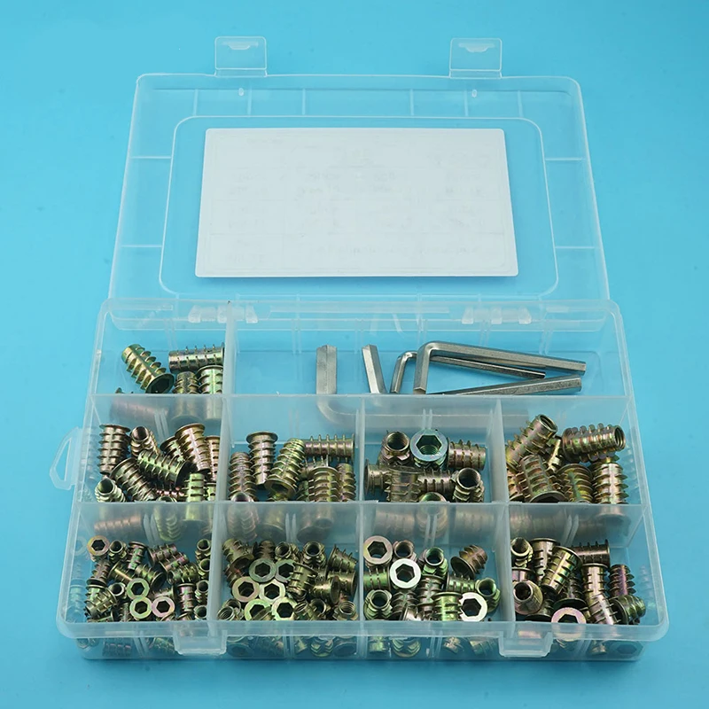 149PCS Flanged Hex Drive Head Furniture Nuts Assortment Kit M4 M5 M6 M8 Zinc Alloy Thread for Wood Insert Nut with 4 Wrenches |