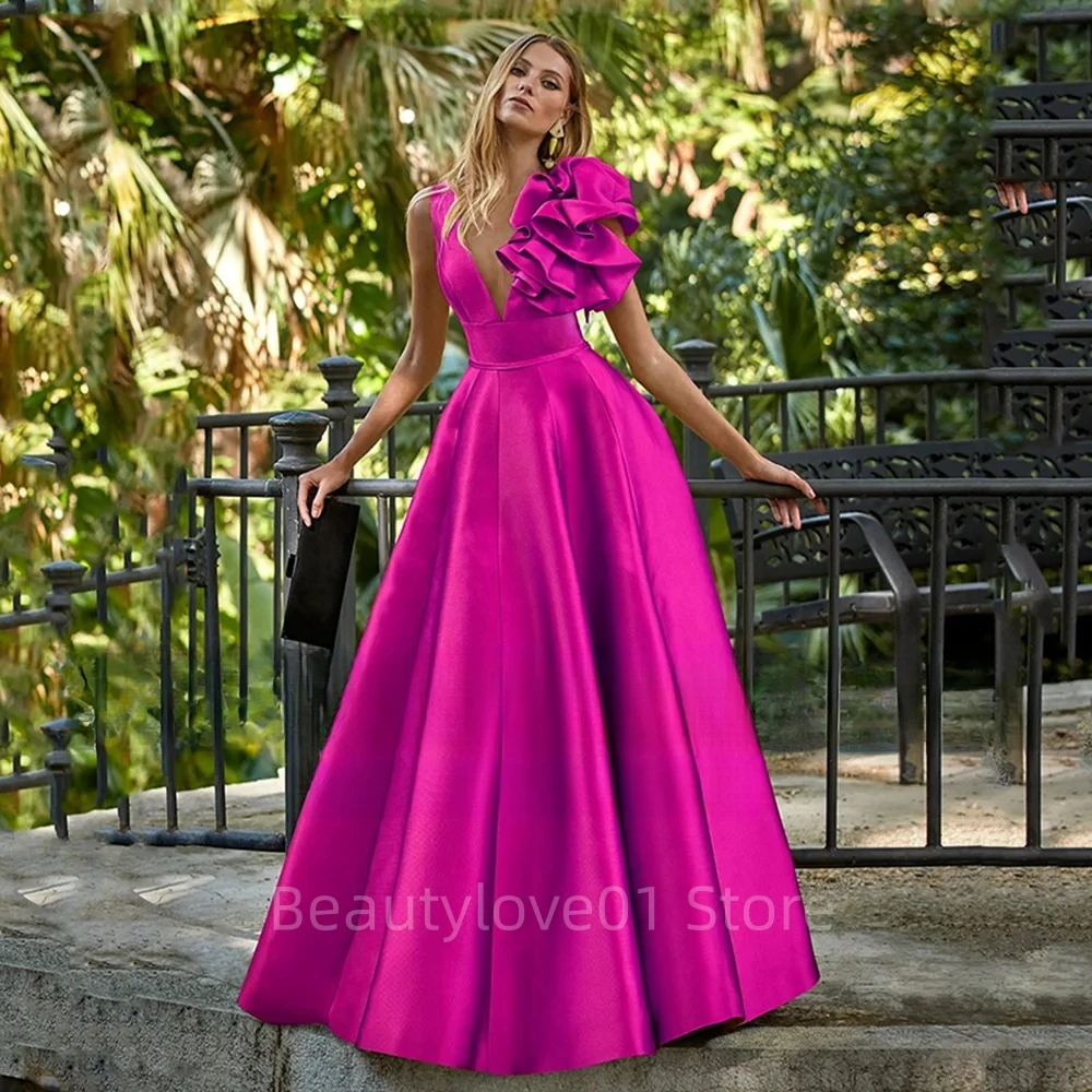 

Newest Classic Sleeveless Evening Dress Fuchsia Vestidos De Gala 2023 A Line Satin Long Women Party Dress Robe De Soiree Femmes