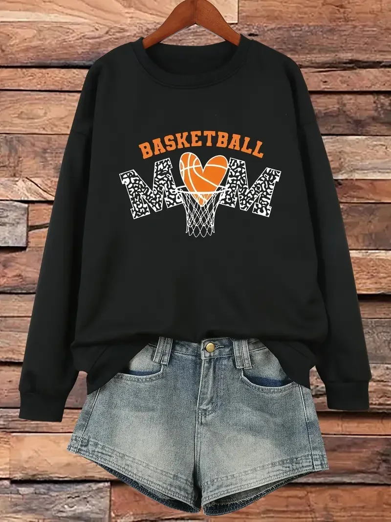 Plus Basketball Mom Print Sweatshirt Crew Neck Casual Sports Game Day Shirt Basketball Lovers Tee Basics Trendy Harajuku Top