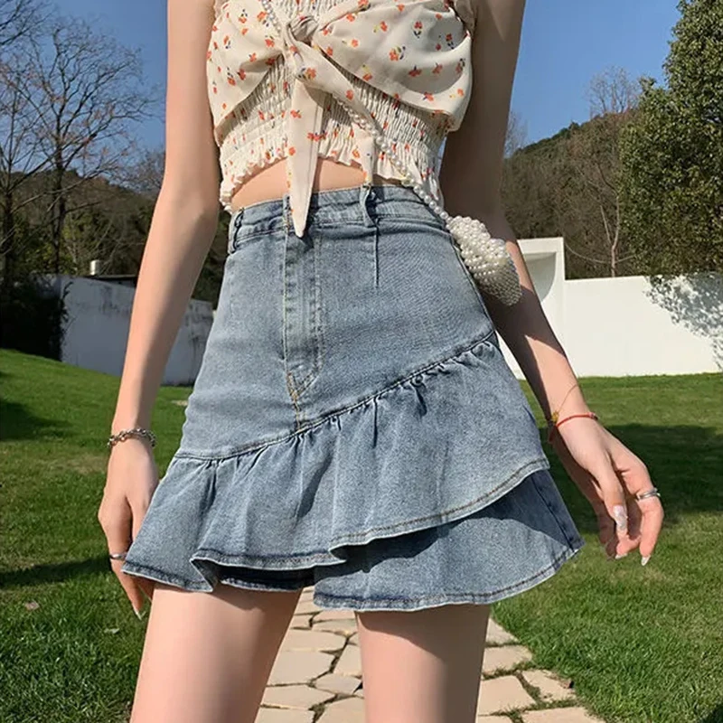 

Harajuku Irregular Ruffle Denim Skirts Women Summer Preppy High Waist Slim Sexy Mini Skirt Korean Elegant A Line Pleated Skirts