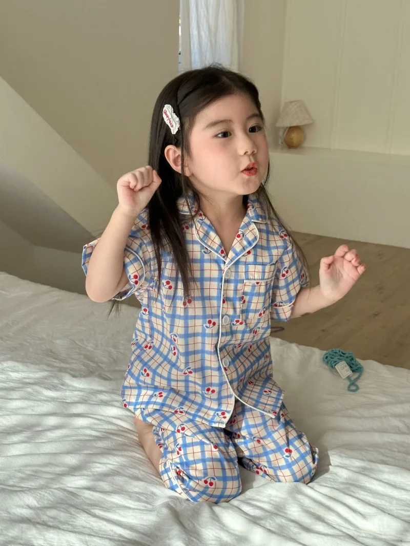 Children's Pajamas Summer 1-8Y Home Clothing Set Thin Pure Cotton Boys Lapel Top Pants 2Pcs Suit Girls Cartoon Printed Sleepwear