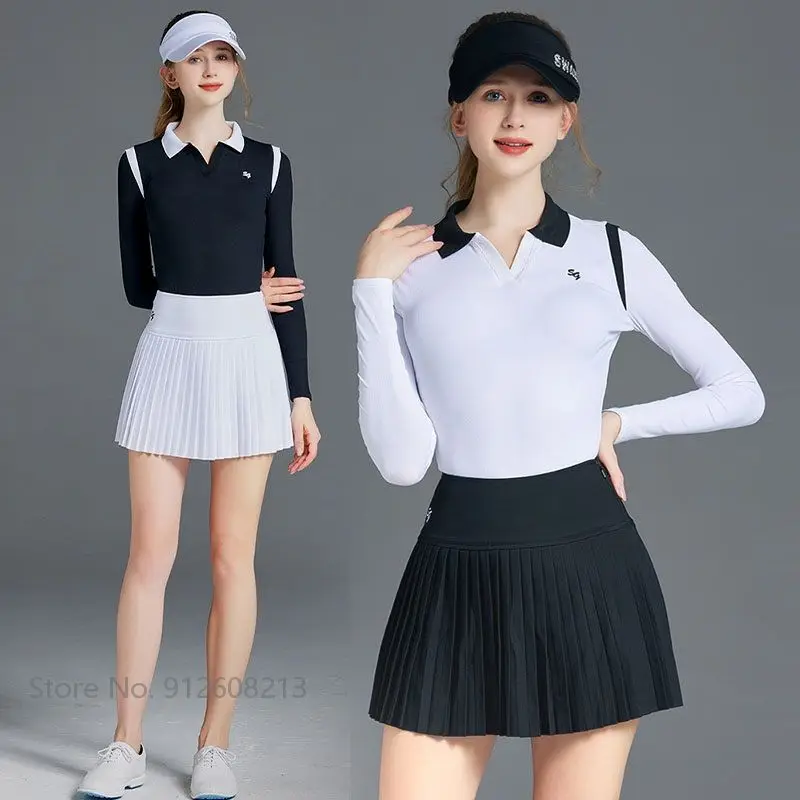 

SG Women Long-sleeved Sunscreen Golf Shirts Ice Silk Tops Anti-light Pleated Golf Skirt Sets V-neck T-shirts Lady Sports Skorts