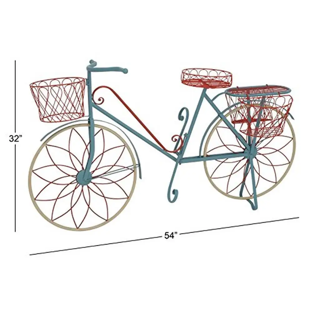 Vintage Metal Plant Stand with Wire Design and Basket Blue & Red Flower Pot Holder with Scrollwork Indoor Outdoor Plant Shelf