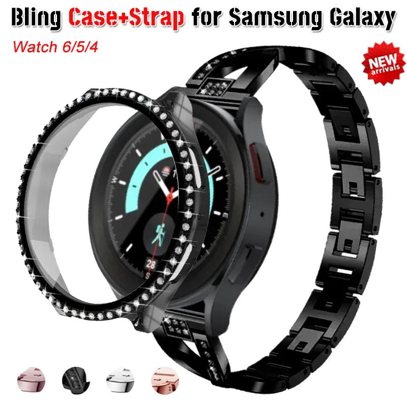 

Бриллиантовый ремешок + чехол для Samsung Galaxy watch 6/4 44 мм 40 мм, корпус + металлический ремешок с блестками для часов 5 40 мм 44 мм, браслет, ремешок, рамка, чехол