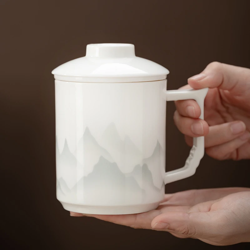 Chinese Style Tea Filtering and Separation Cups, With Cover White Porcelain Personal Mug, Home Drinkware Ceramic Office Cup, 1Pc