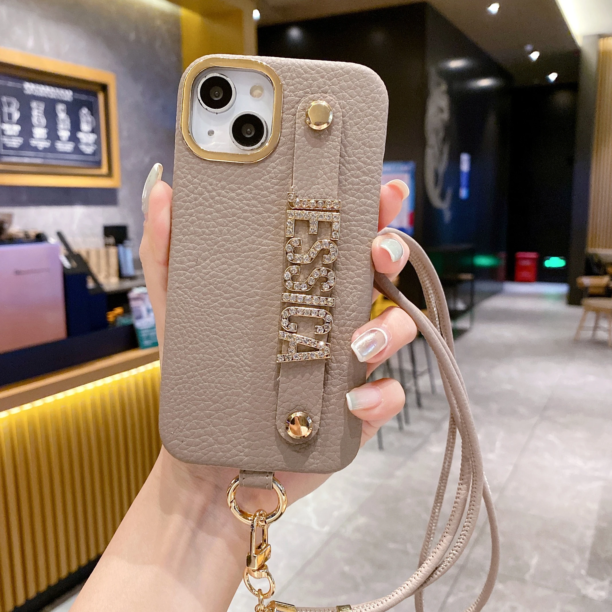 Personalized lychee leather iPhone15 14 13 12 11Pro Max Plus Phone case design belongs to your name diamond metal letter lanyard