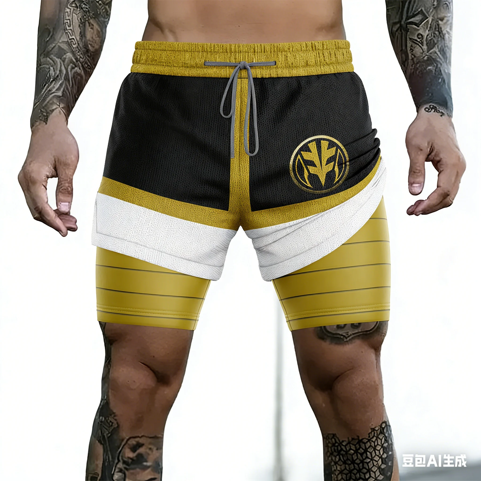 Bandai Periphery Power Rangers Men's Double Layer 2-In-1 Performance Gym Shorts Summer Quick-Dry Comfy Lightweight Beach Shorts