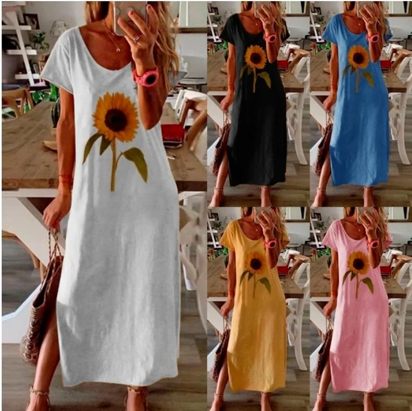 

5XL Summer Sunflower Print Pencil Dress Ladies Sexy Side Slit Beach Long Shirt Dress Casual Loose Oversized Sundress Women