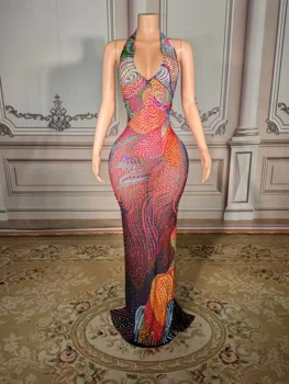 Sexy Luxury Sparkly Rhinestones Long Dress Women Mesh Party Celebrate Birthday Gown Photo Shoot Wear Performance Stage Costume 1