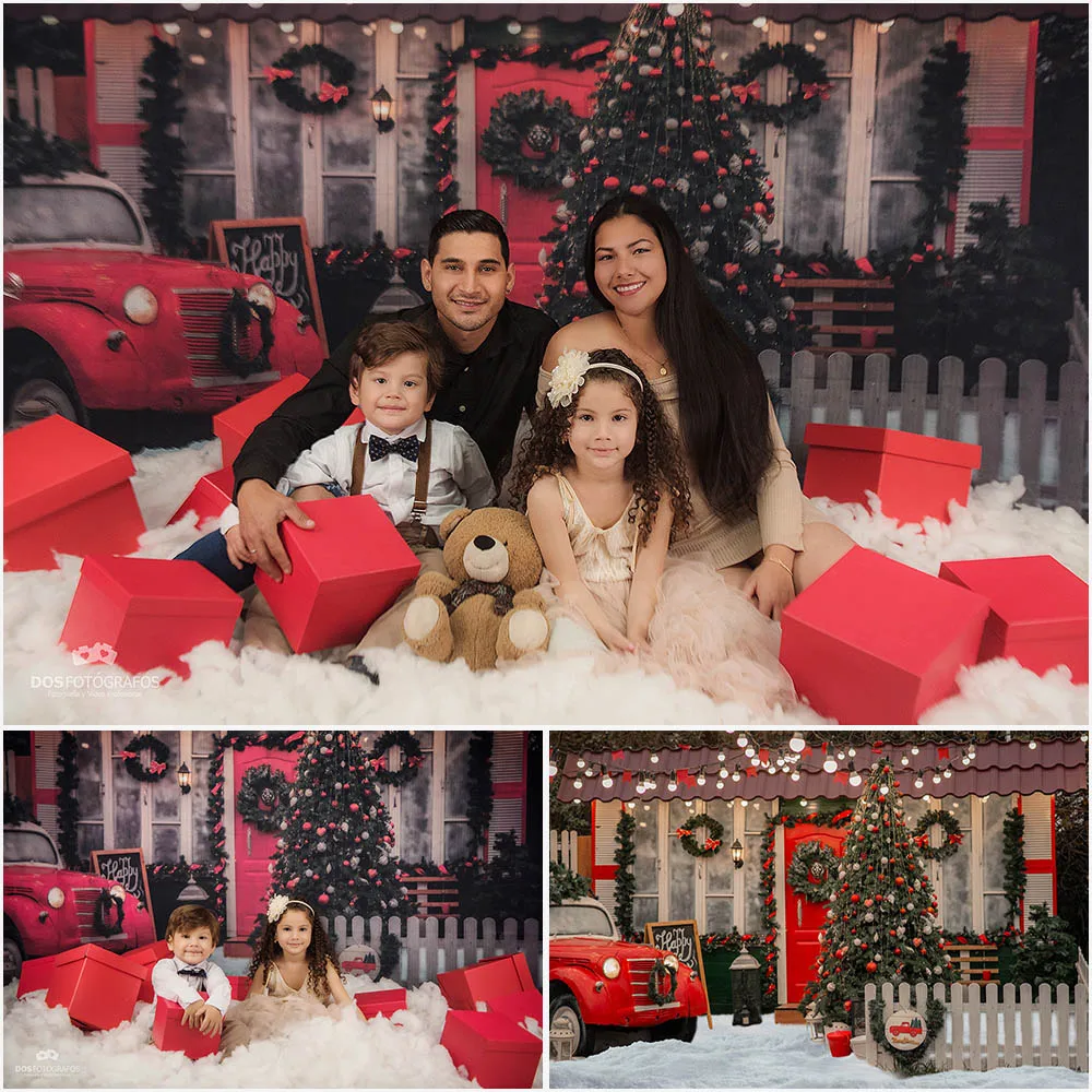 

Christmas Photoshoot Backdrop Red House Truck Photography Winter Snowflakes Xmas Tree Decor Photo Props Studio Booth Background